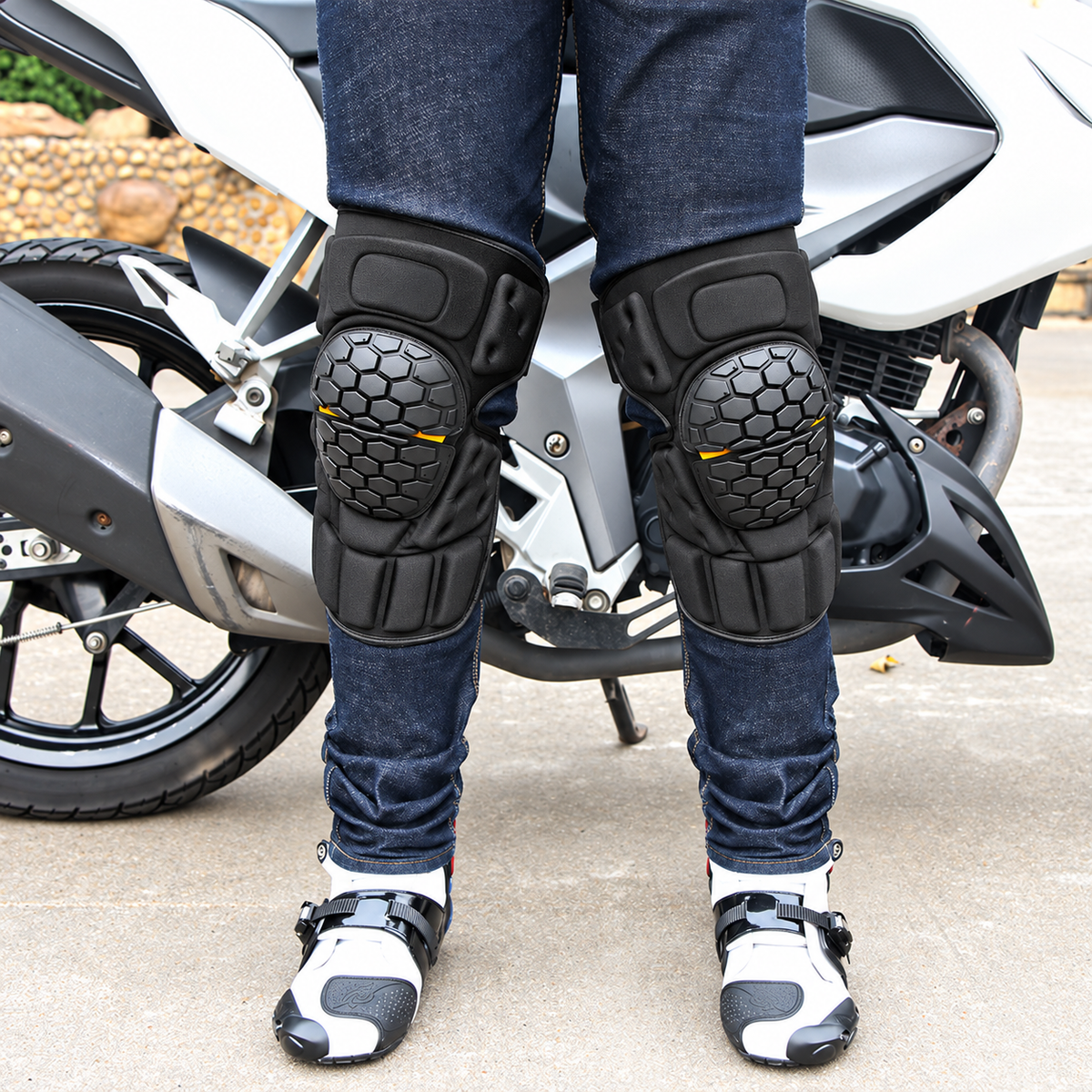 Black Motorcycle Riding Knee Guards Adjustable Straps