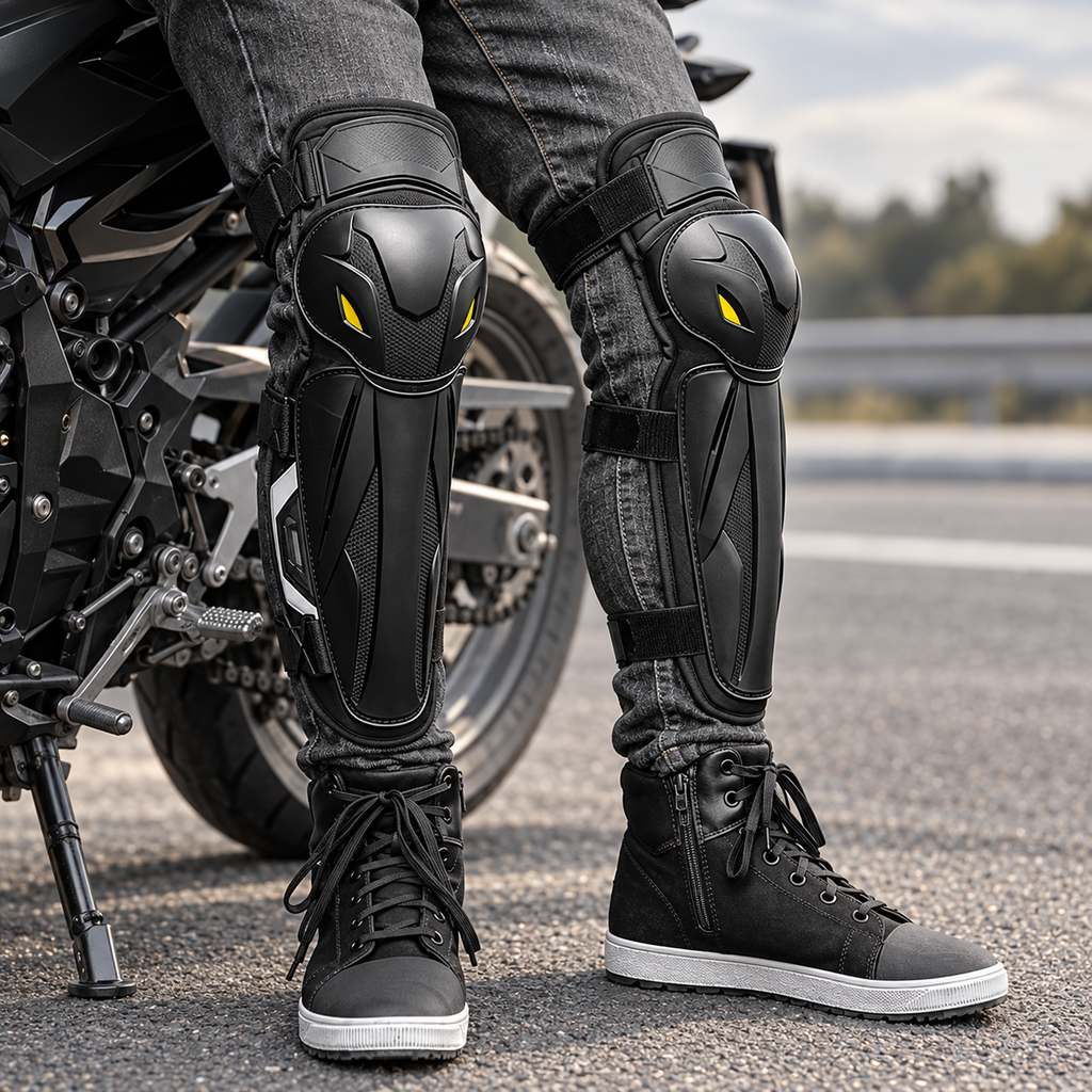 Black Motorcycle Knee and Shin Protector with Straps