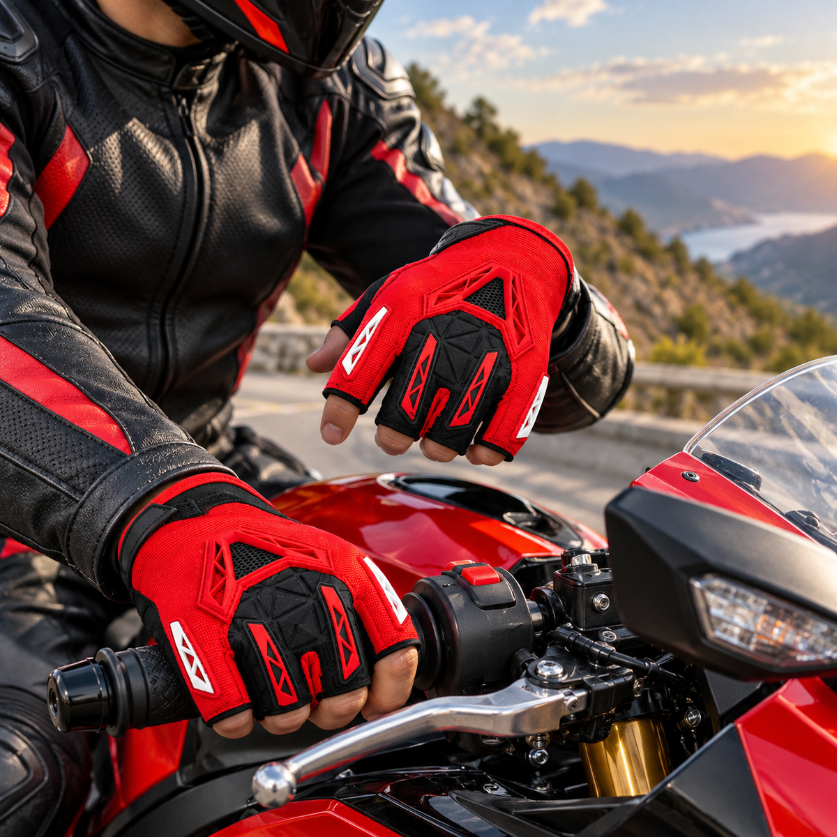 Red Black Half Finger Motorcycle Gloves