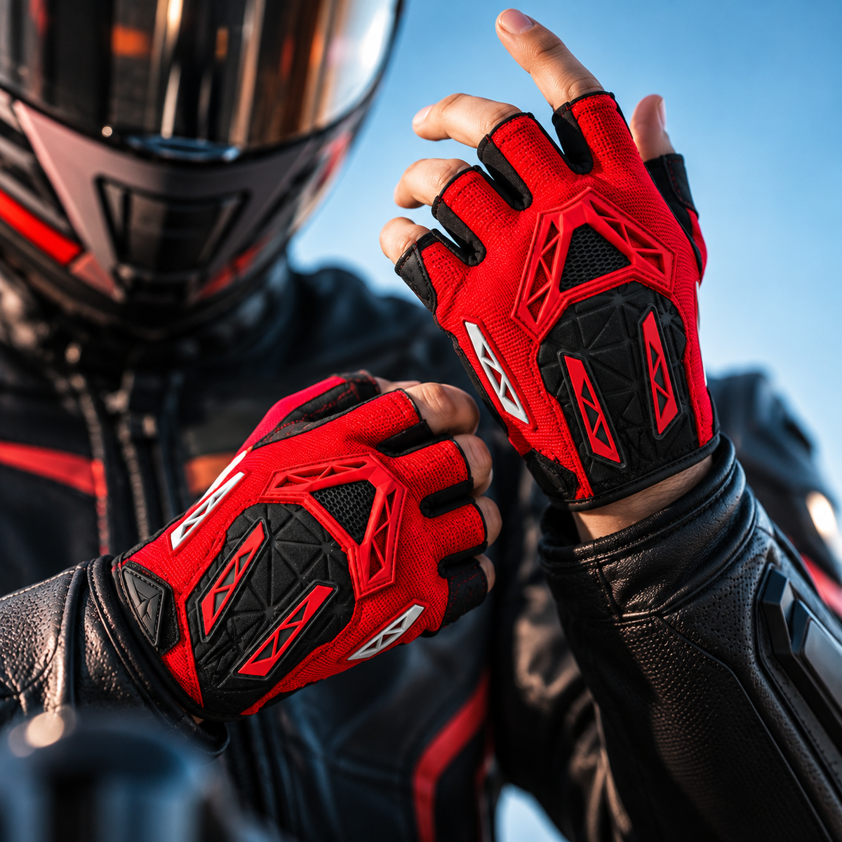 Red Black Half Finger Motorcycle Gloves