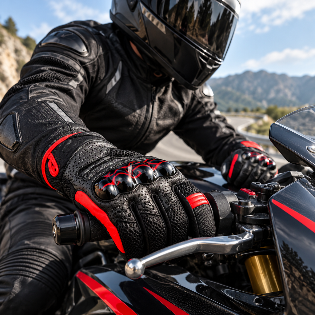 Black Red Full Finger Motorcycle Riding Gloves